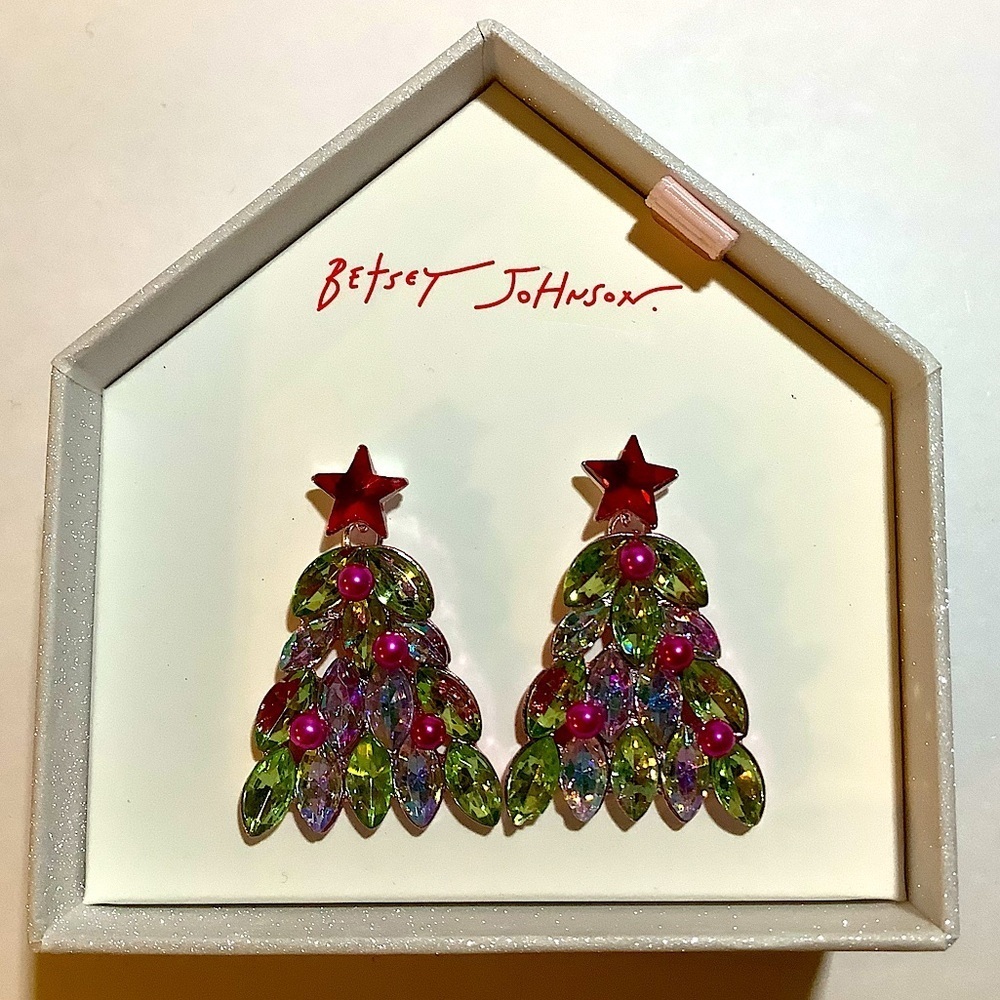 Betsey Johnson Crystal Christmas Tree Earrings New
